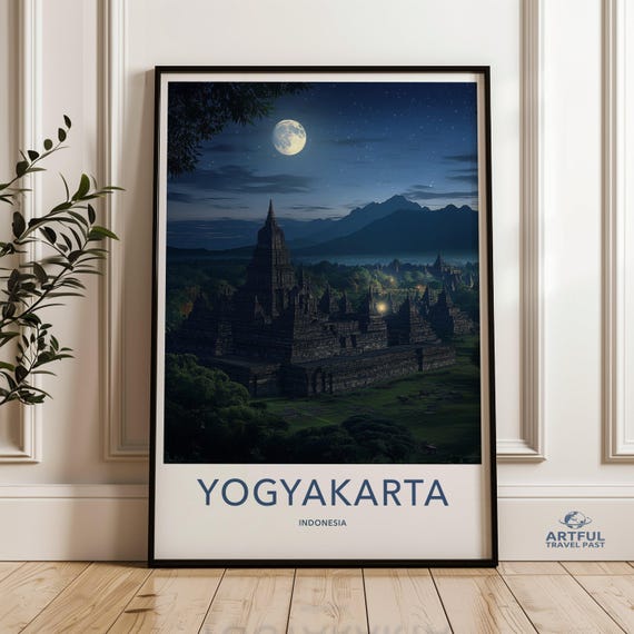Yogyakarta Indonesia Wall Art Moonlit Night Sky Painting Ancient Temple Landscape Scene Decor Mystical Print