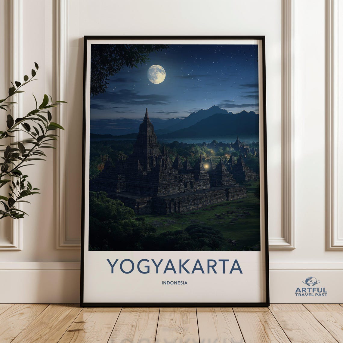 Yogyakarta Indonesia Wall Art Moonlit Night Sky Painting Ancient Temple Landscape Scene Decor Mystical Print