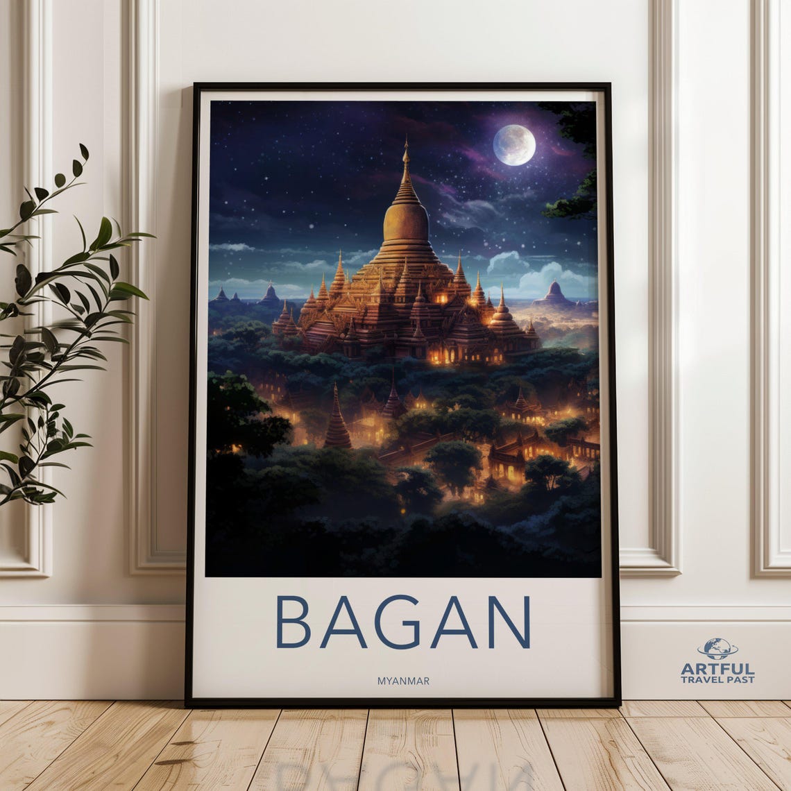 Bagan Myanmar Ancient Temples Moonlit Night Vintage Travel Poster