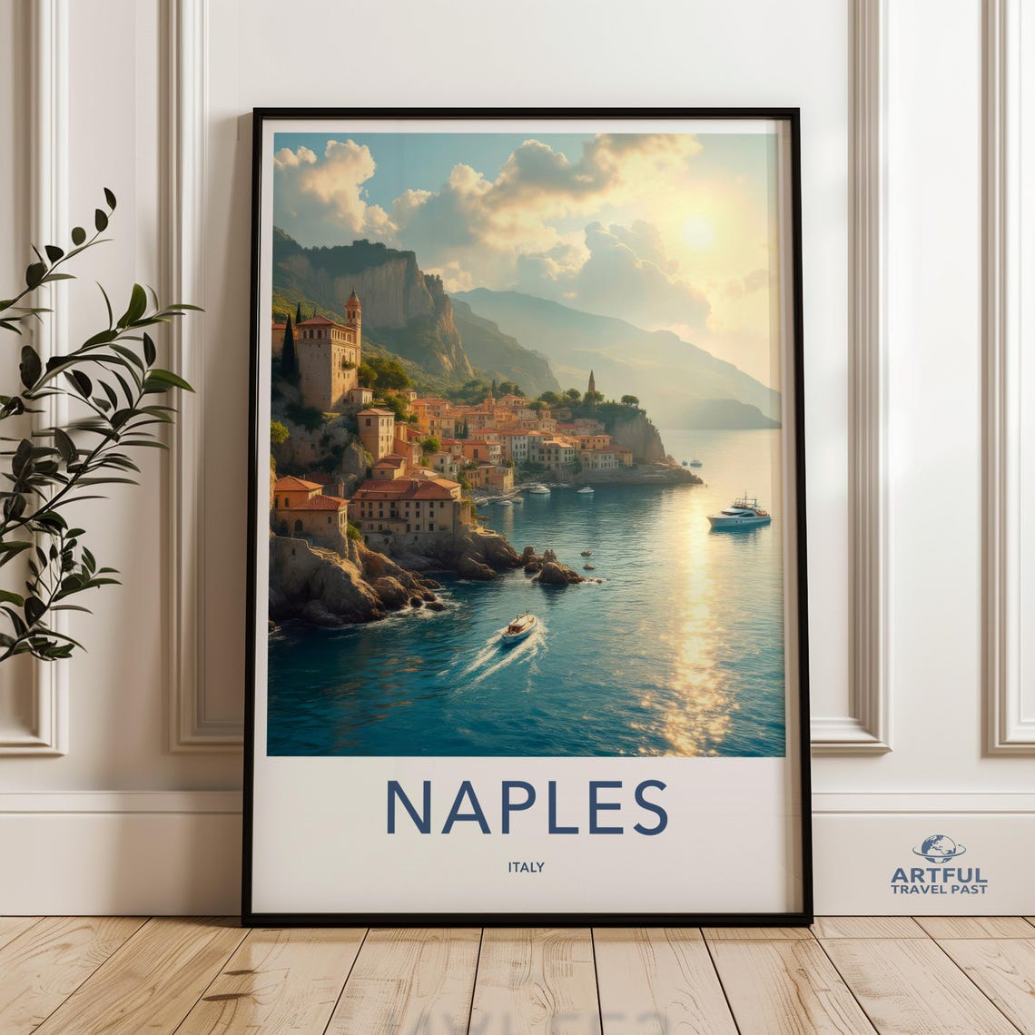 Naples Italy Coastal Cliffs Harbor Vintage Retro Travel Poster