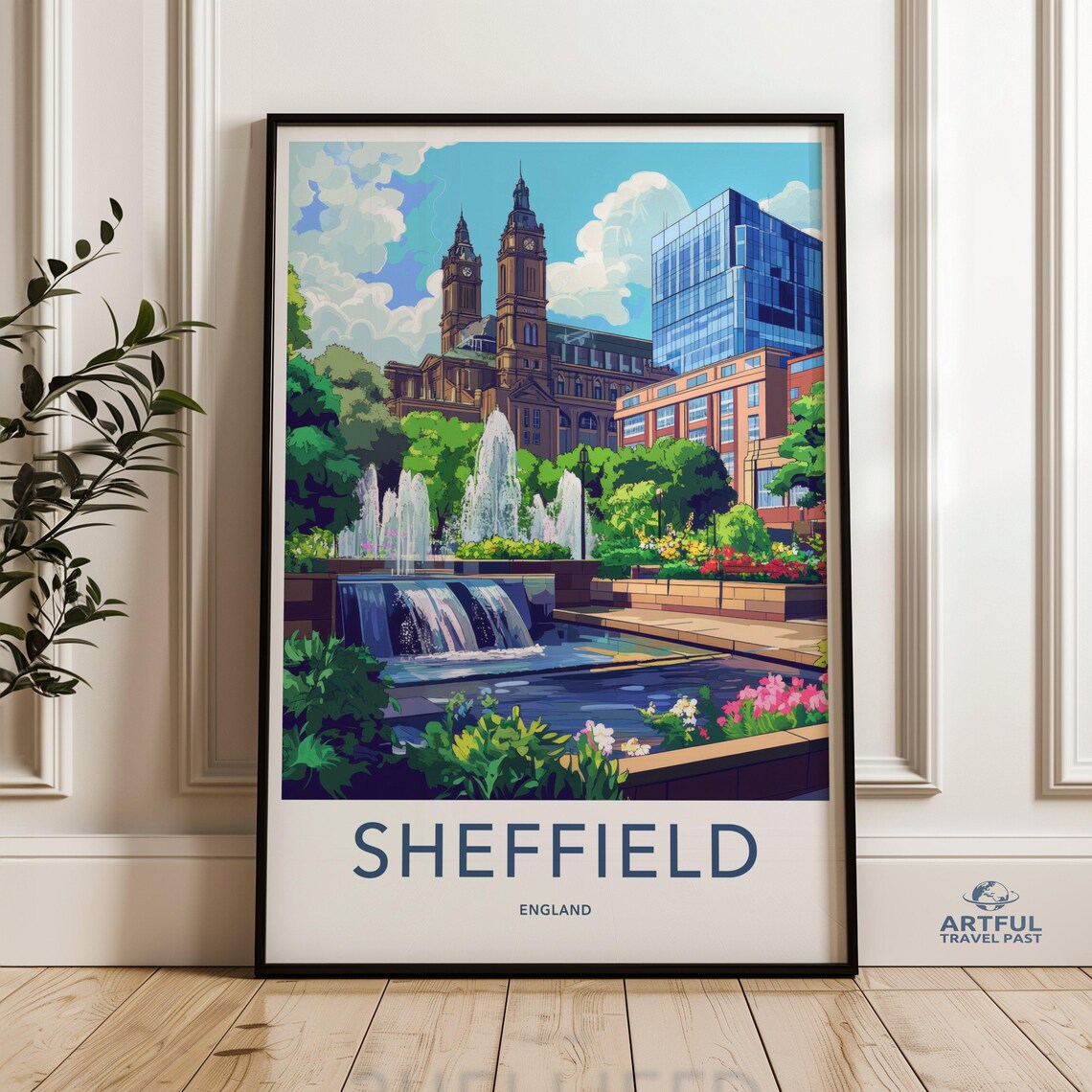 Sheffield England Fountain Garden City Hall Vintage Travel Poster
