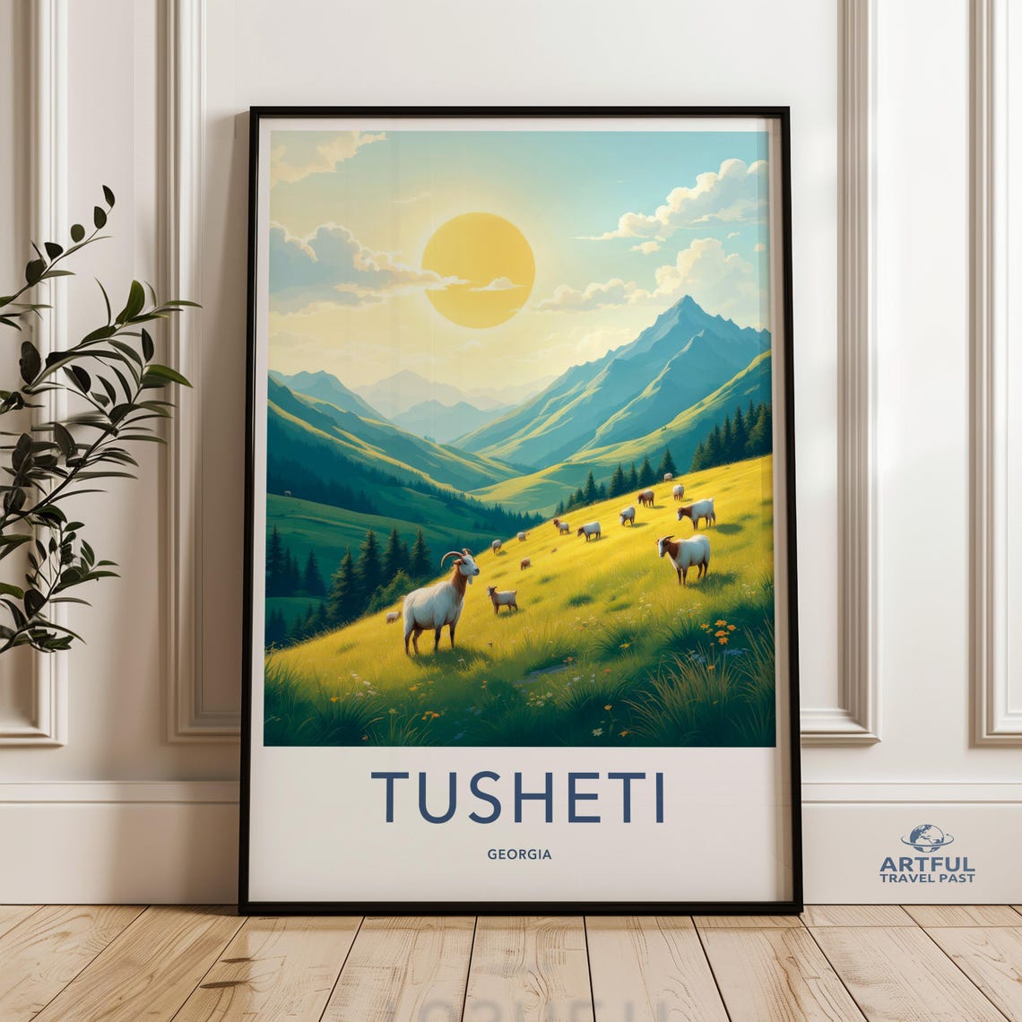 Tusheti Georgia Alpine Meadow Grazing Goats Sunset Travel Poster