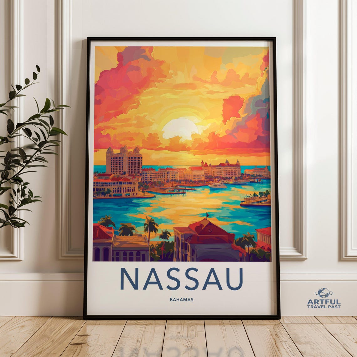Nassau Bahamas Harbor Sunset Tropical Caribbean Travel Poster