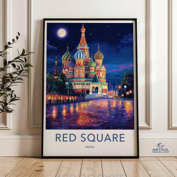 Red Square Russia Wall Art Print Moscow Nightscape Poster Colorful Cityscape Stunning Nighttime View Home Decor
