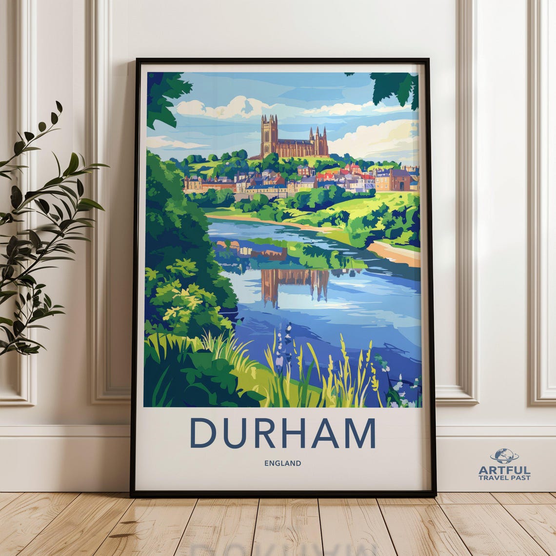 Durham England Vintage Travel Poster Cathedral River Cityscape Art