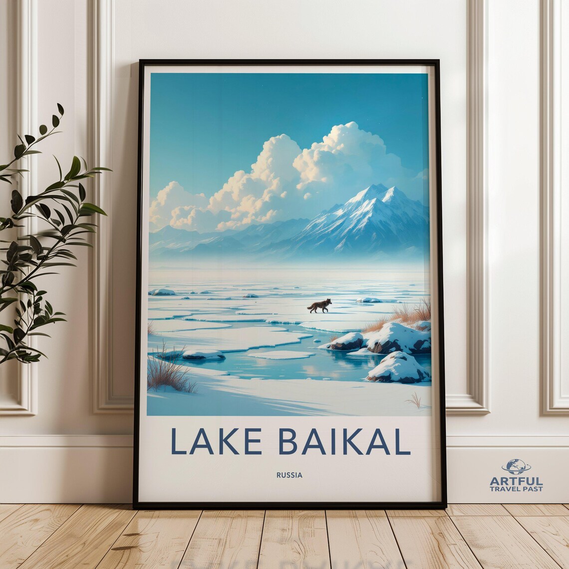 Lake Baikal Russia Frozen Winter Wolf Mountain Travel Poster
