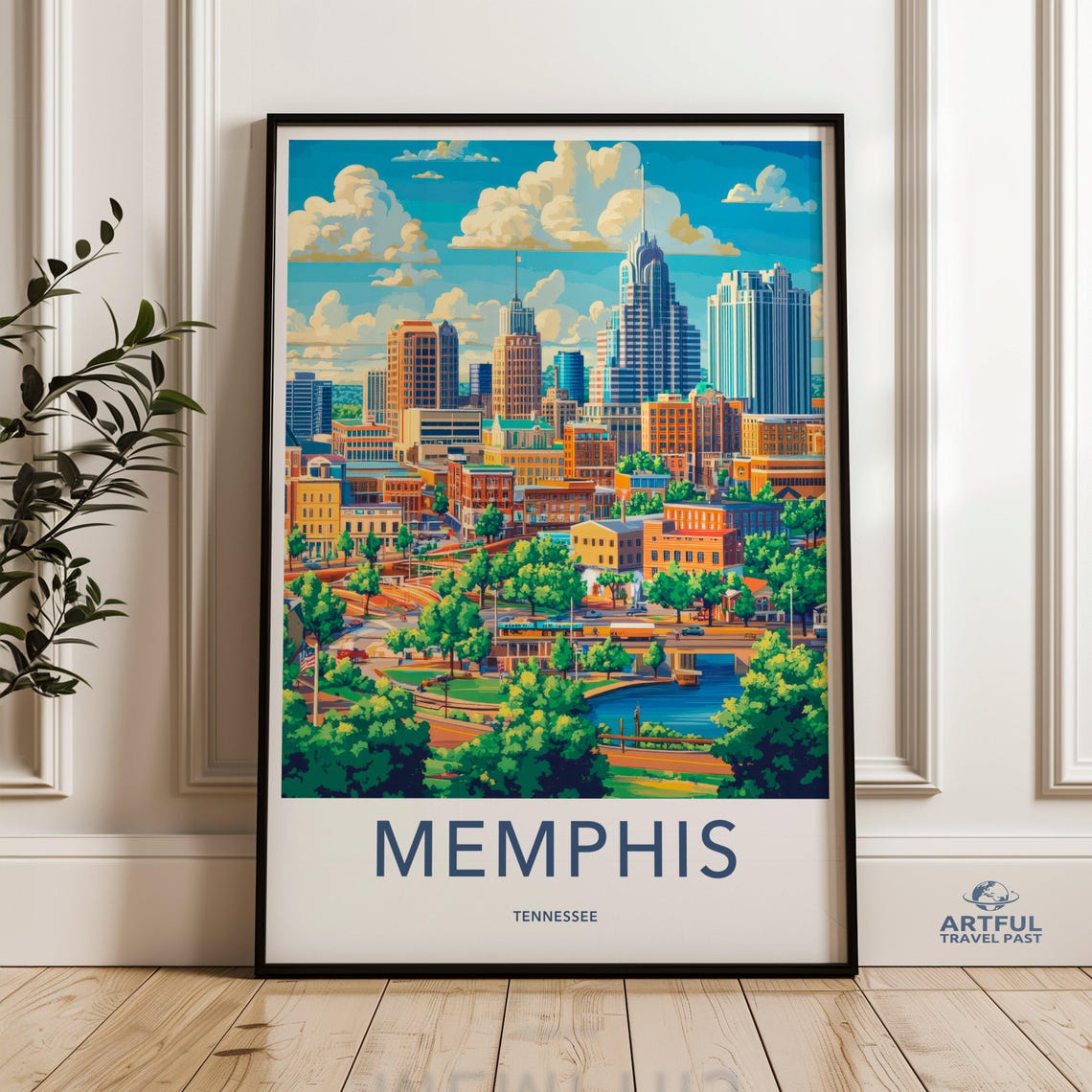 Memphis Tennessee Travel Poster Downtown Skyline River Cityscape Art