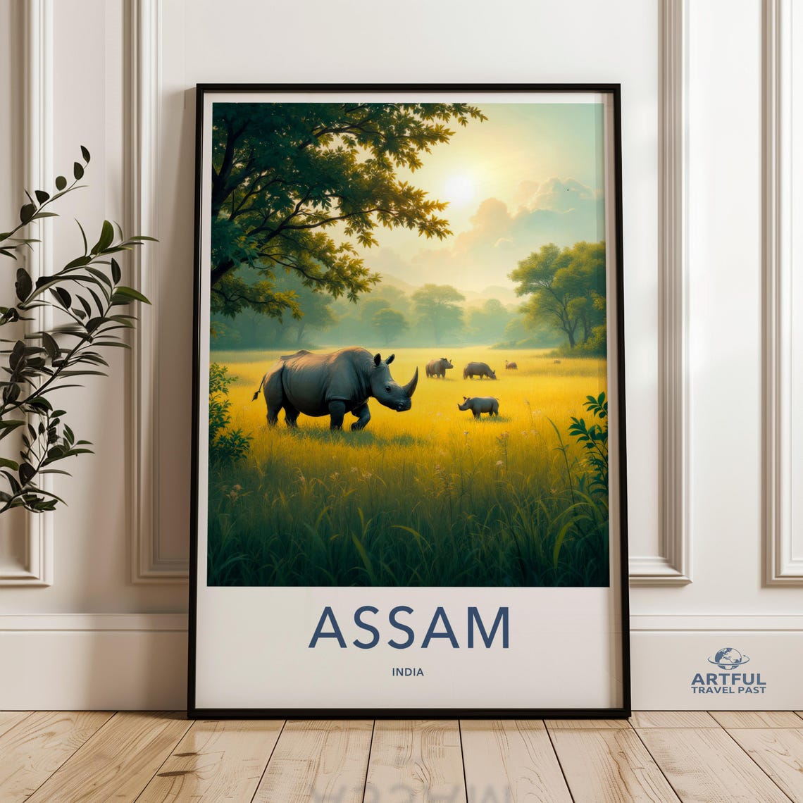 Assam India Rhino Wildlife Poster Golden Meadow Sunrise Nature Scene