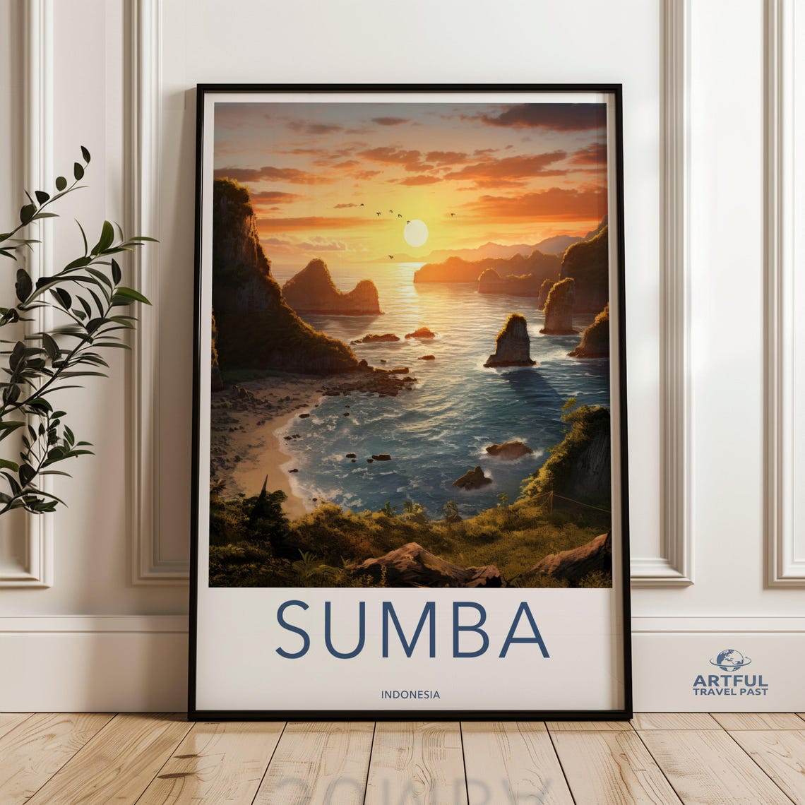 Sumba Indonesia Sunset Coast Sea Stacks Beach View Travel Poster