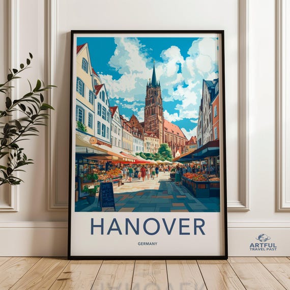 Hanover Germany Poster Travel Wall Art Print European Cityscape Painting Charming Street Market Historic Architecture Decor