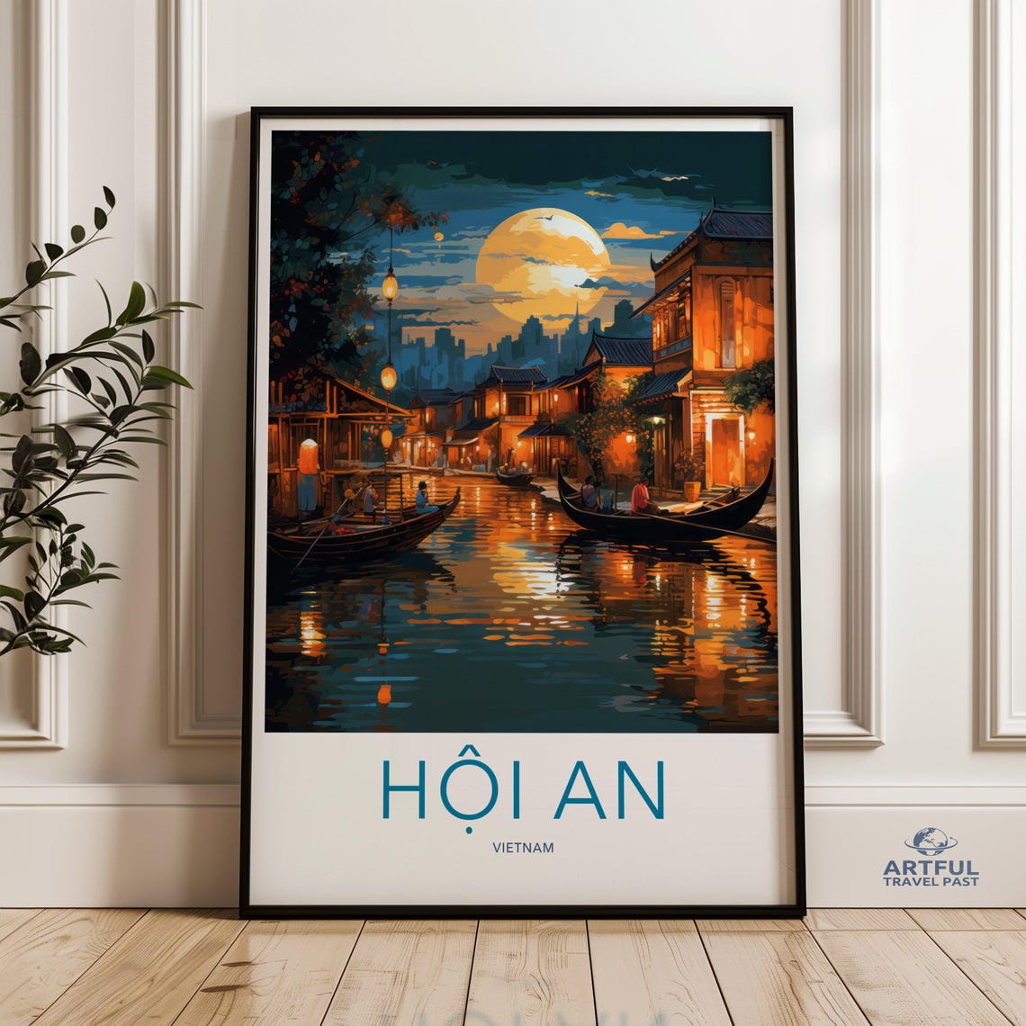 Hoi An Vietnam Wall Art Print Sunset Reflection Painting Asian Cityscape Decor Scenic River View Home Artwork
