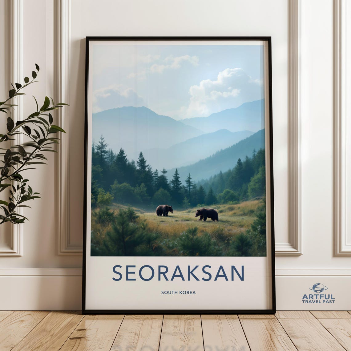 Seoraksan South Korea Travel Poster Misty Mountains Bears Meadow
