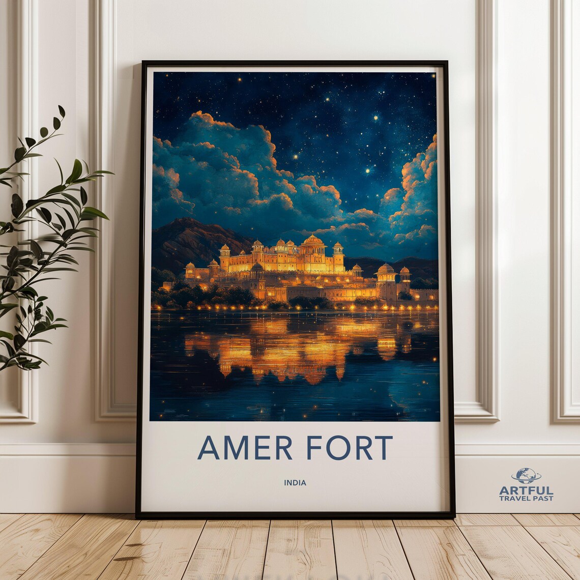 Amer Fort India Night Palace Lights on Water Reflection Poster