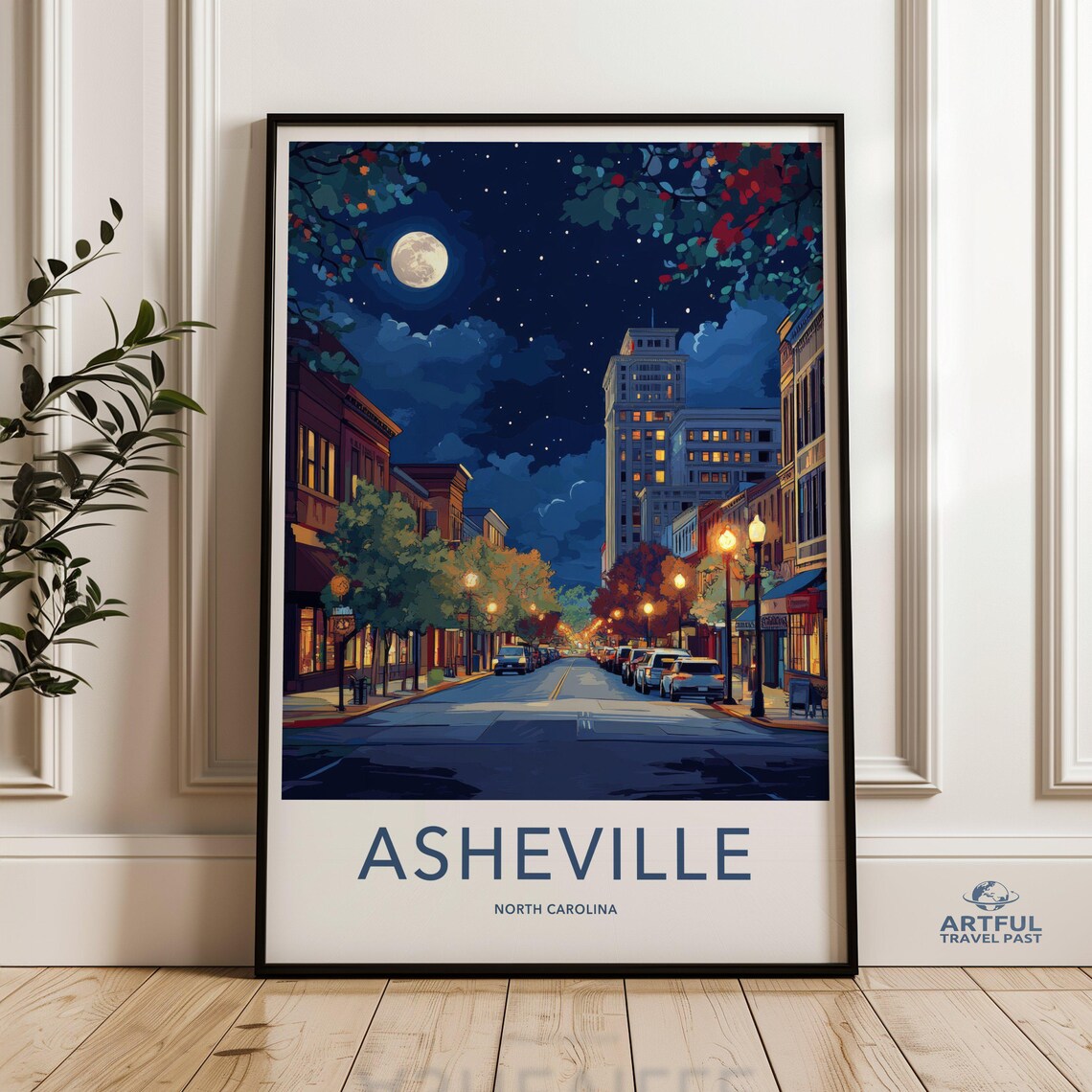 Asheville North Carolina Night Moonlit Street Vintage City Poster