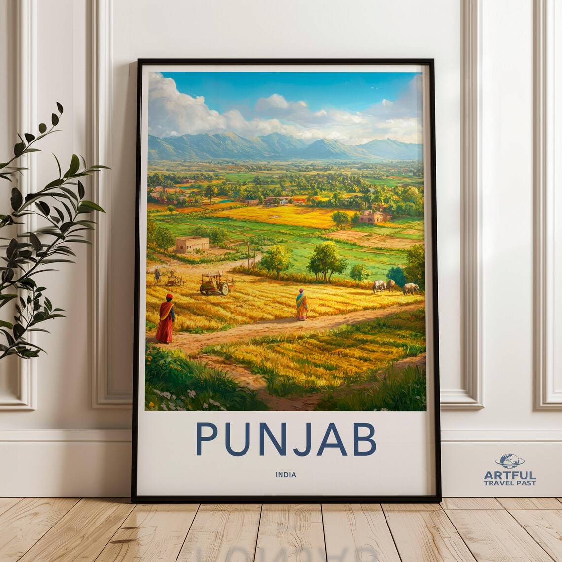 Punjab India Green Farmland Tractor Harvest Scenic Travel Poster