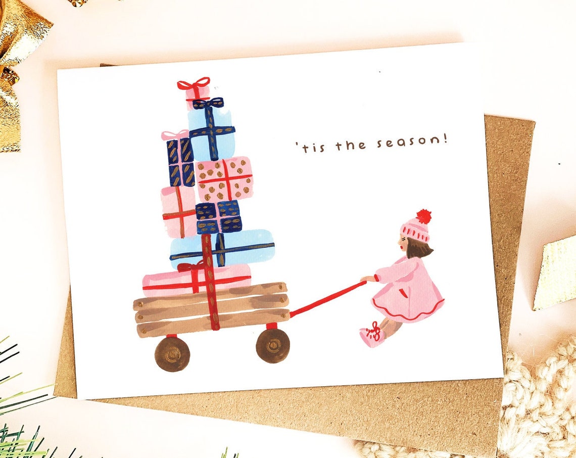 Girl Pulling Gift Wagon Tis The Season Christmas Card Holiday Print