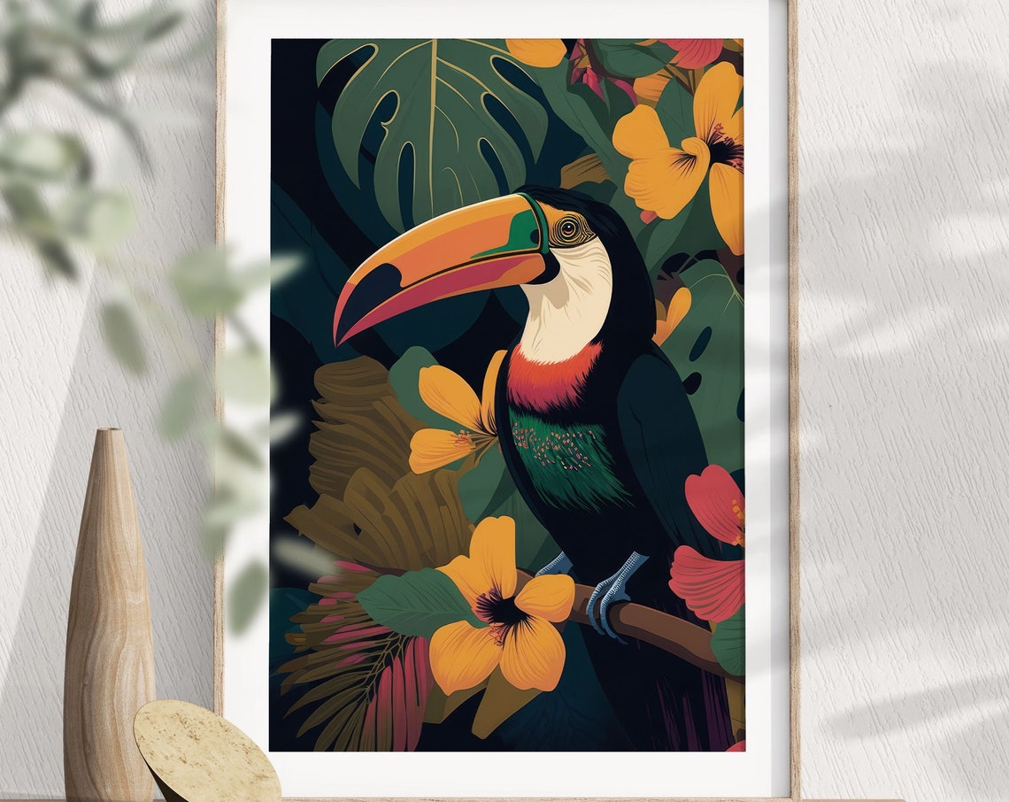 Toco Toucan Among Yellow Flowers Poster Lush Green Jungle Decor
