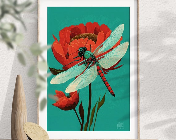 Dragonfly Floral Print Art Poppy Flower Painting Botanical Insect Poster Mental Health Posters Adhd Friendly Poster Still Life Prints
