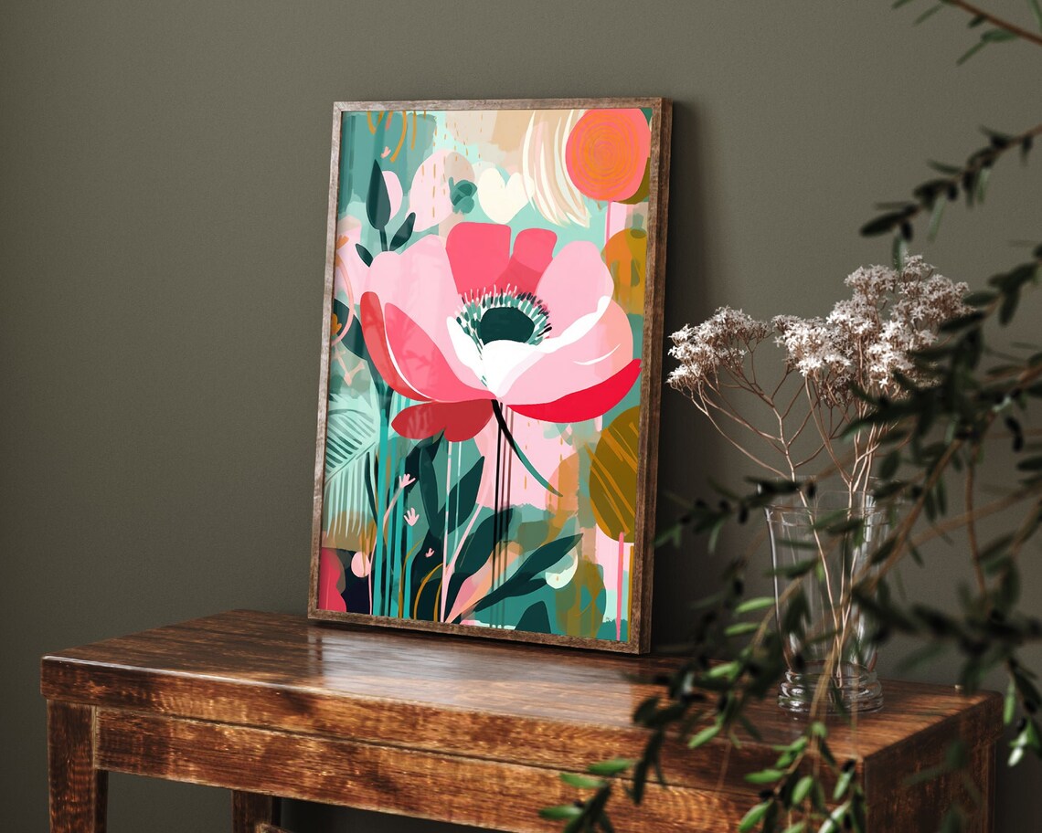 Abstract Pink Poppy Flower Teal Leaves Modern Botanical Art Print