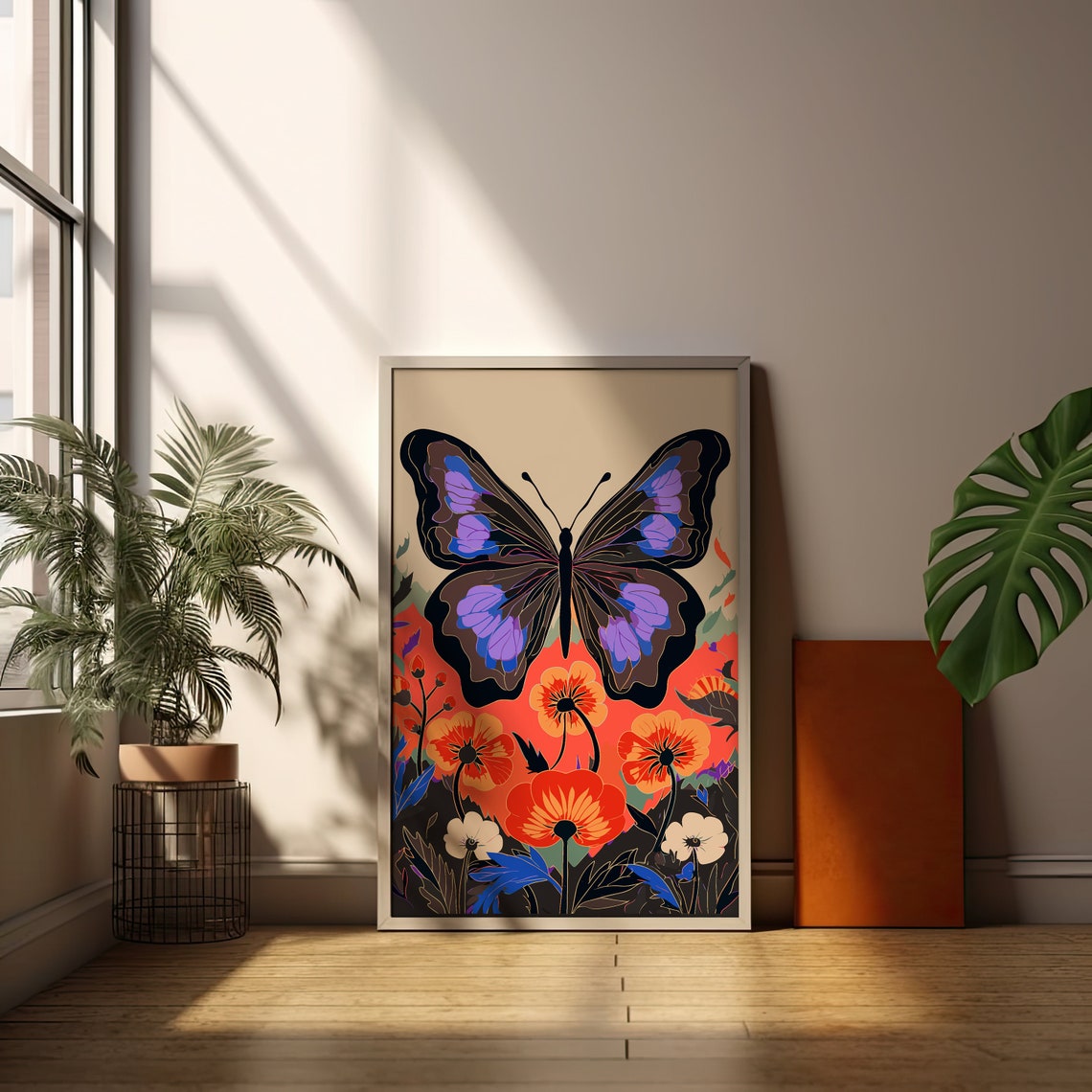 Violet Butterfly Over Coral Blossoms Bold Modern Floral Art Print - Image 2