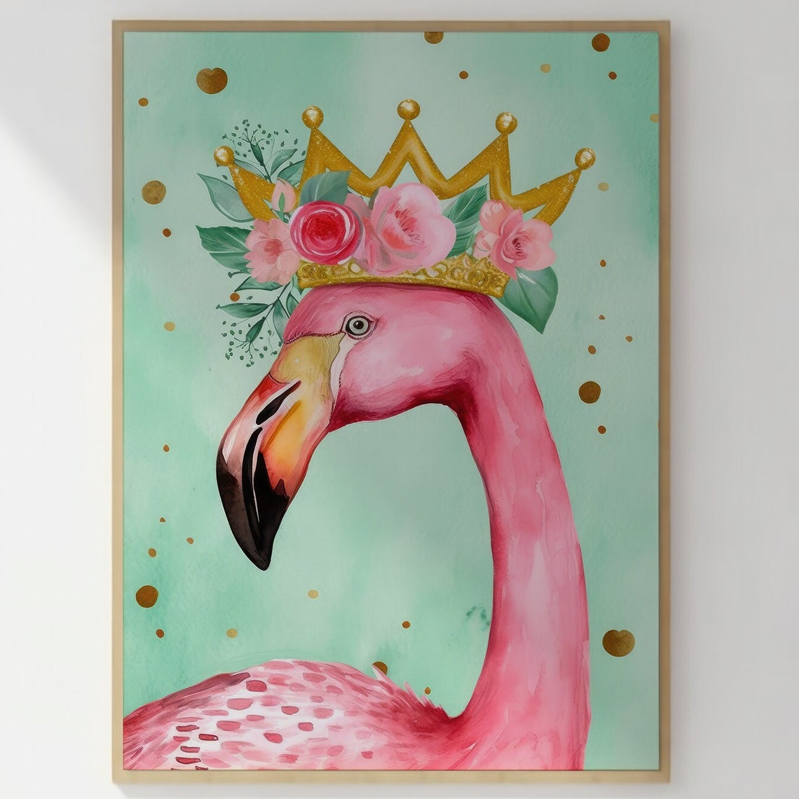Pink Flamingo Wearing Gold Crown Watercolor Whimsical Bird Art Poster - Image 3