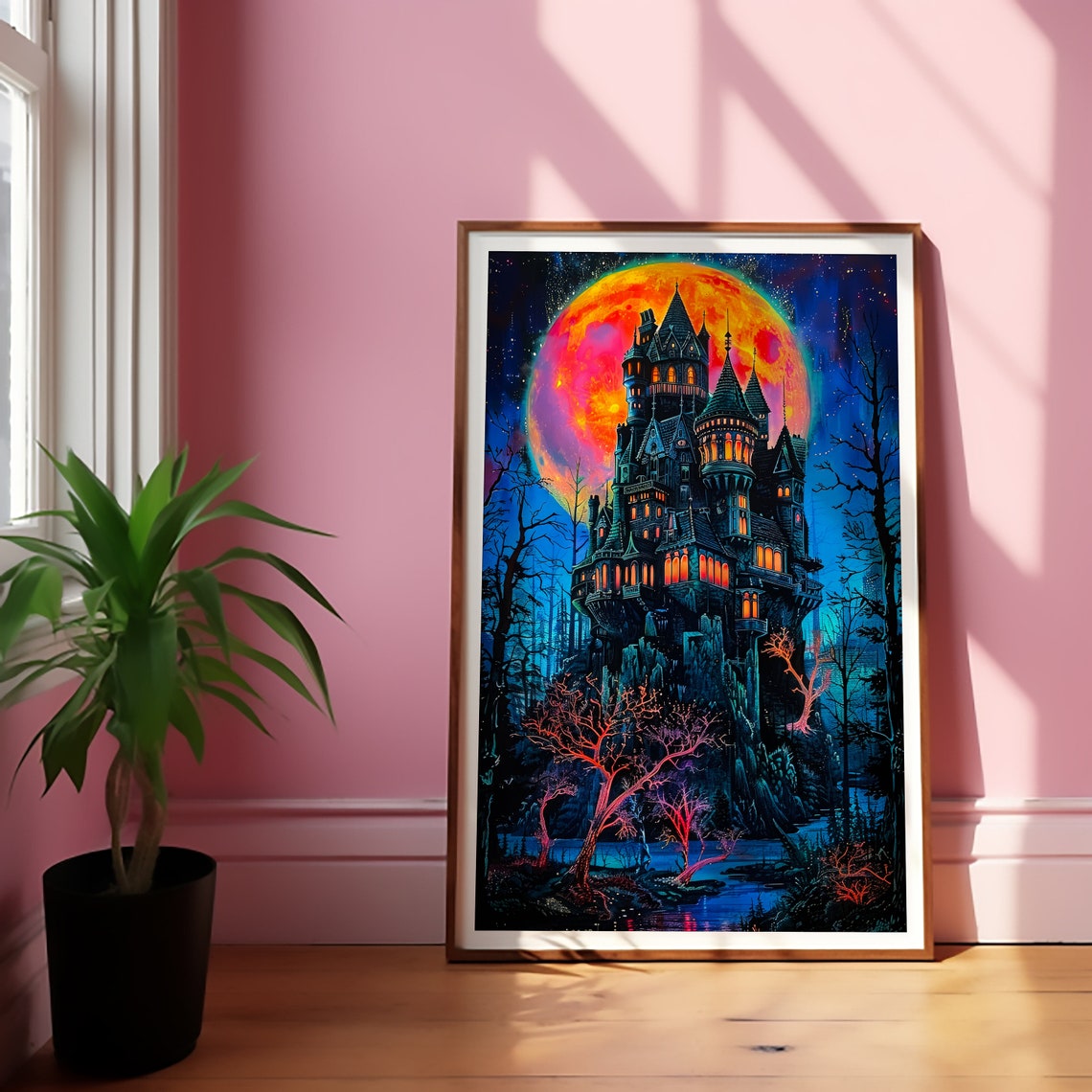 Gothic Castle Beneath a Giant Blood-Red Moon Fantasy Horror Poster - Image 2