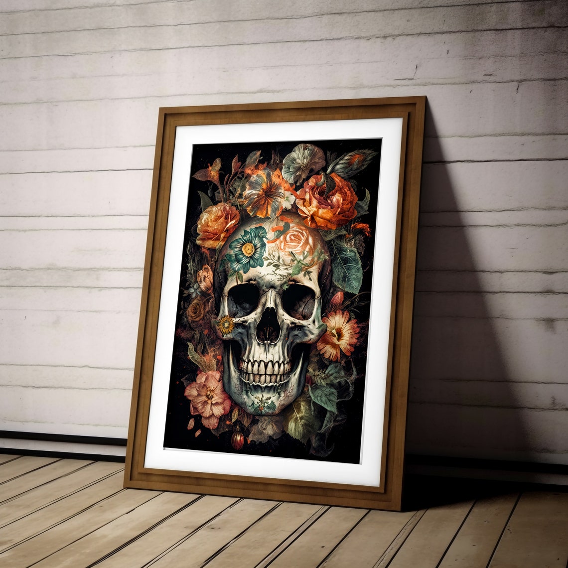 Ornamental Floral Skull With Roses on Dark Background Wall Art - Image 2