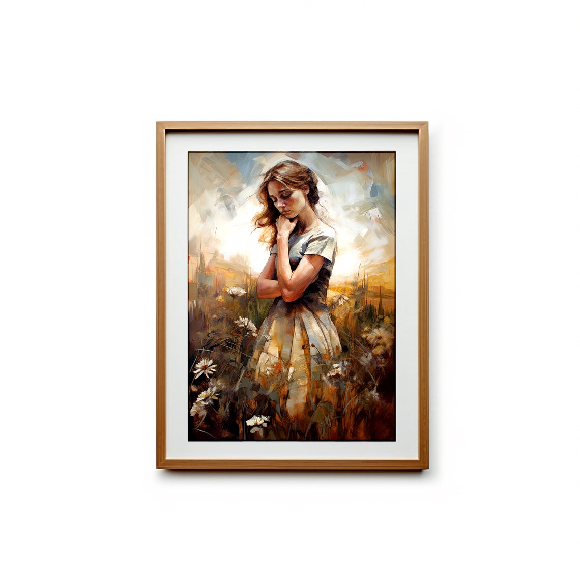 Contemplative Woman Among Wildflowers Emotional Oil Art Poster - Image 2