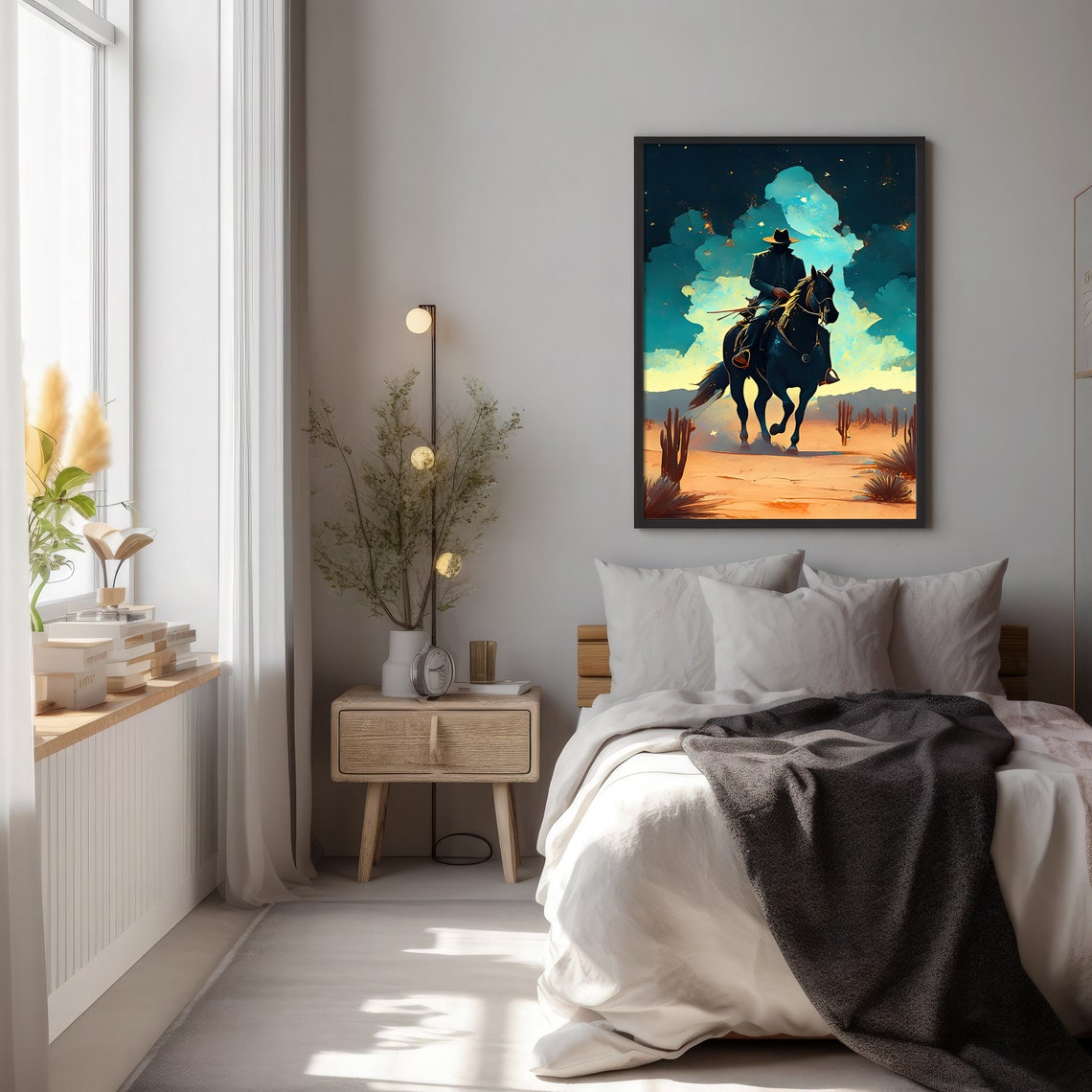Cowboy Silhouette on Black Horse Under a Teal Desert Night Sky Poster - Image 2