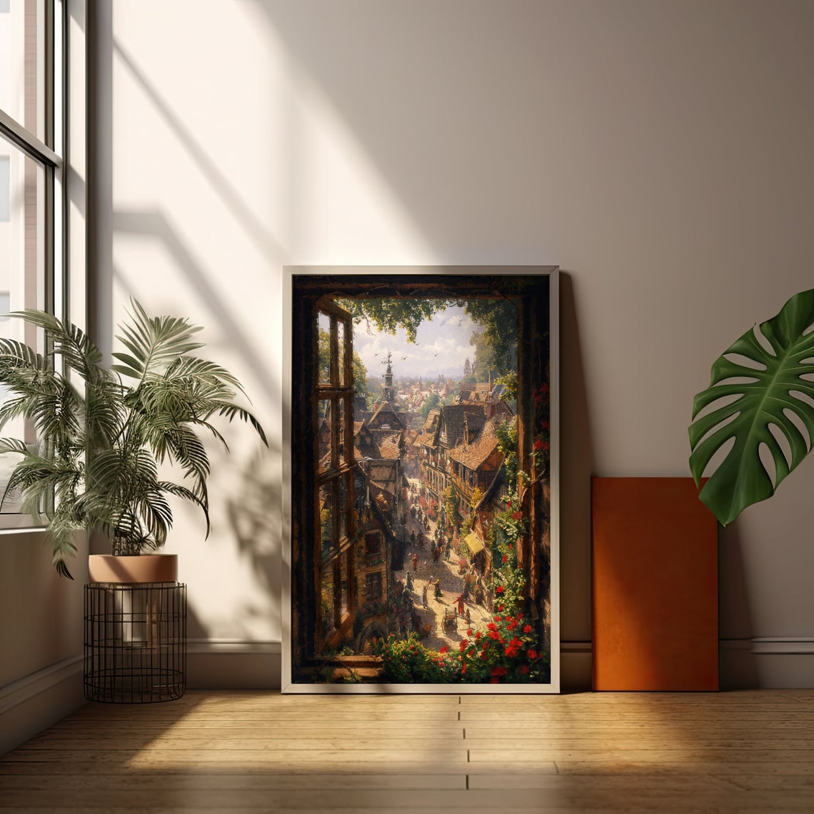 Medieval Old Town Street Seen from a Vintage Window Art Print - Image 2