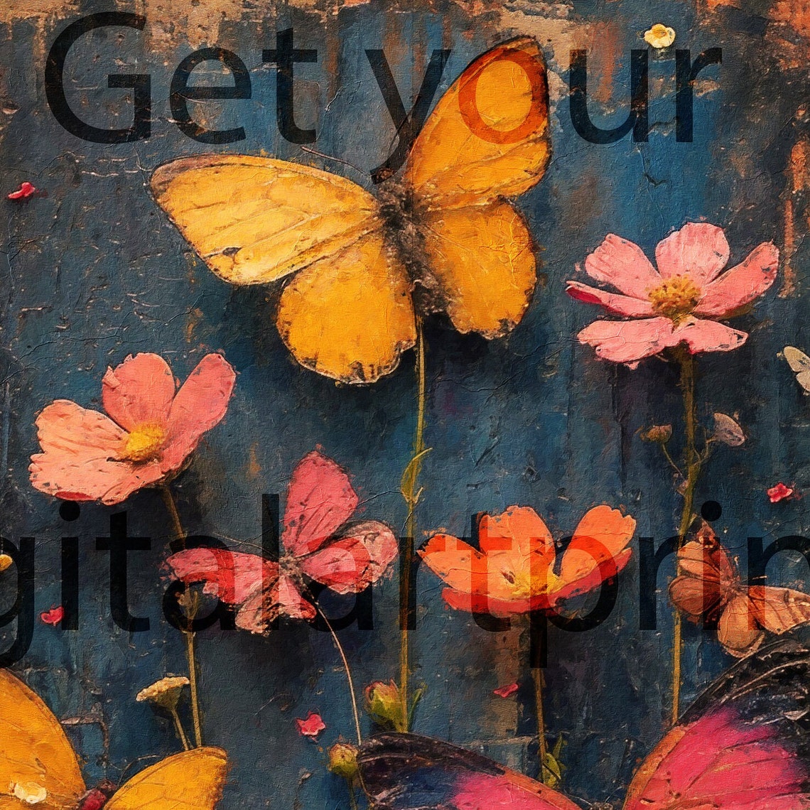 Boho Butterflies and Cosmos Flowers on Textured Navy Wall Art - Image 3