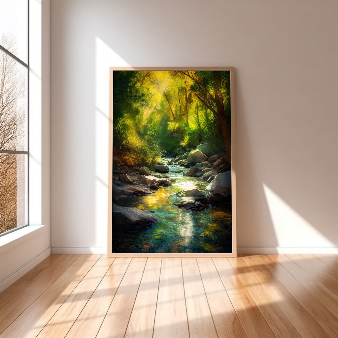 Sunlit Forest Stream in a Foggy Green Woodland Nature Poster - Image 2