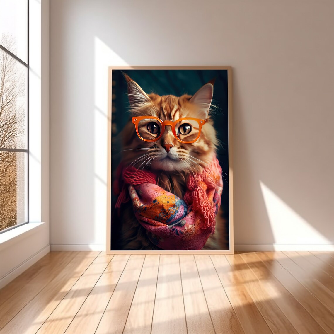 Quirky Ginger Cat Wearing Bright Orange Glasses and a Knit Scarf Poster - Image 2
