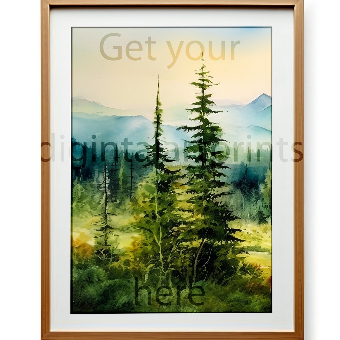 Misty Green Pine Forest Watercolor Mountain Scenic Art Print - Image 3