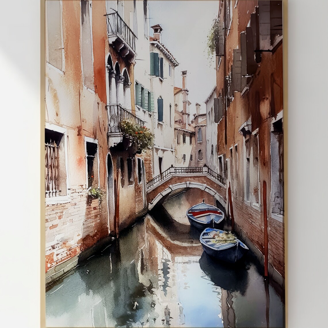 Venice Canal Watercolor Boats and Bridge Romantic Sketch Art Print - Image 2