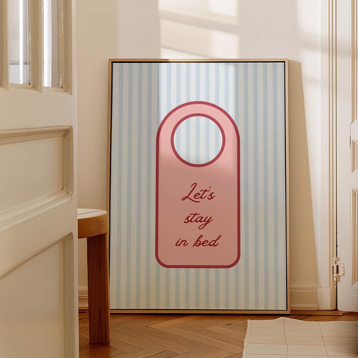 Let's Stay in Bed Pink Door Hanger Cozy Bedroom Decor Poster