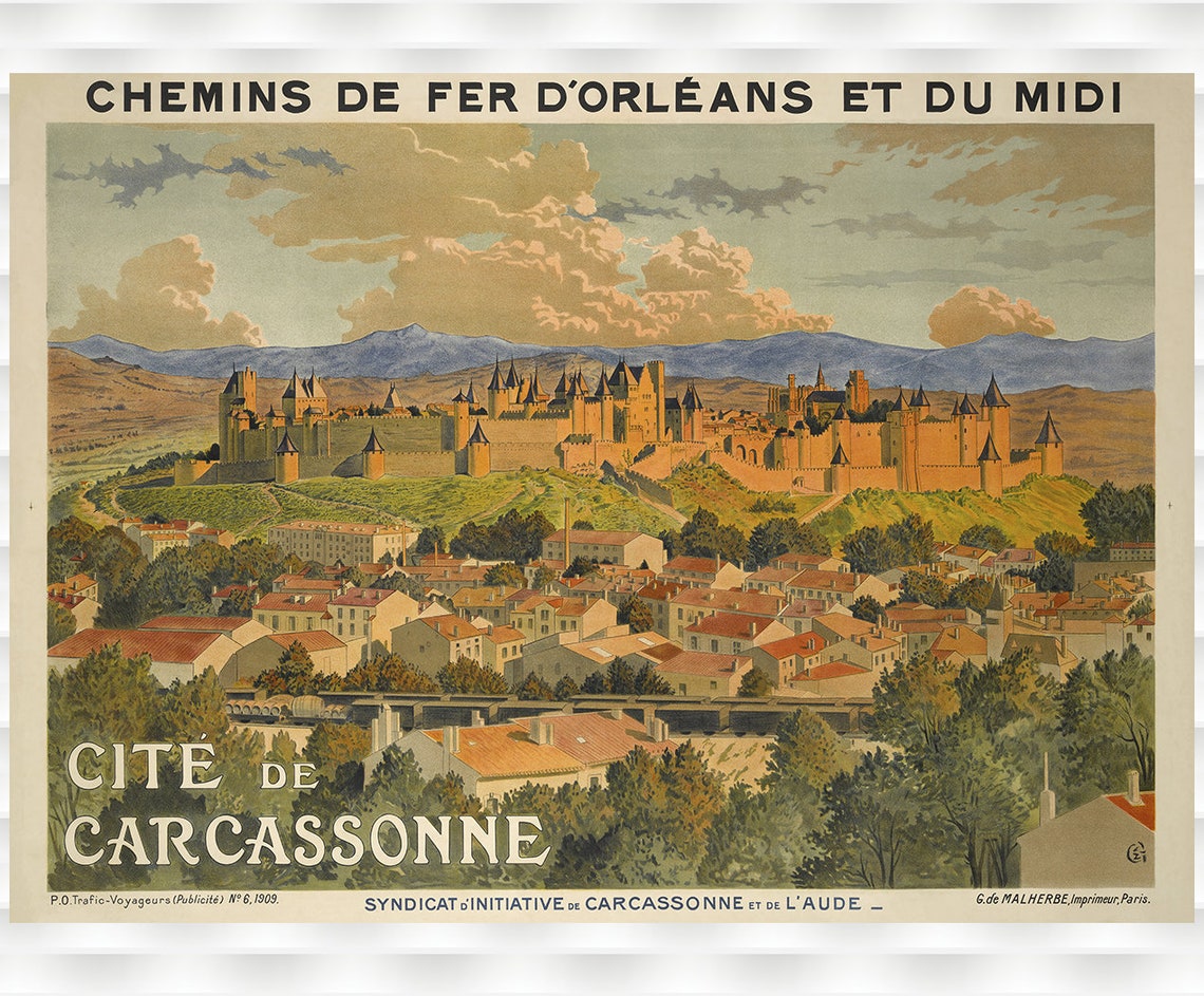 Cite de Carcassonne Medieval Walled City French Railway Poster