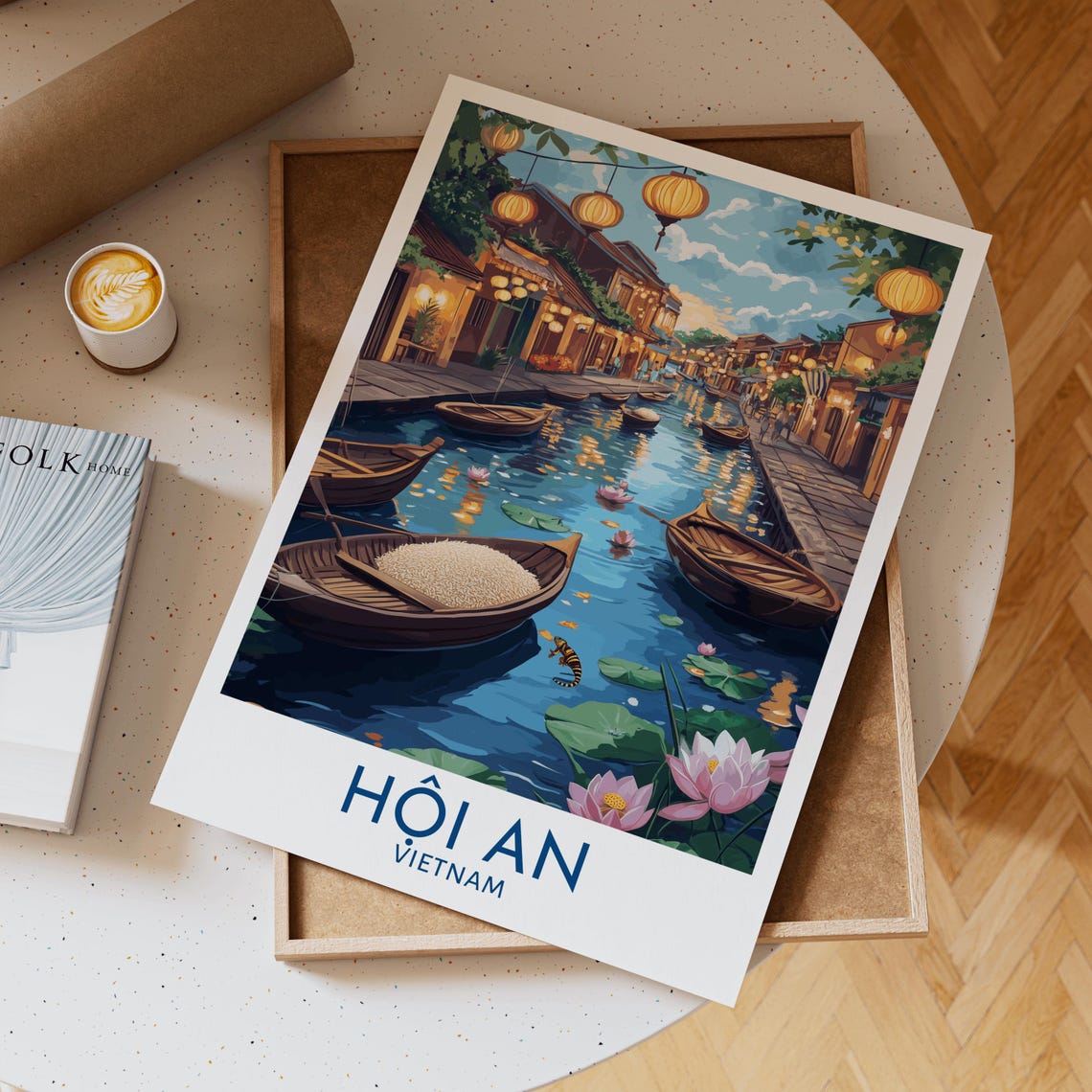 Hoi An Vietnam Travel Poster Lantern Lit Canal Boats and Lotus Flowers