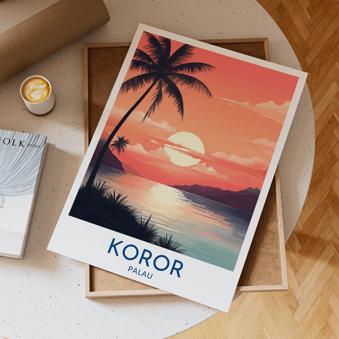 Koror Palau Tropical Sunset Leaning Palm Ocean Horizon Poster