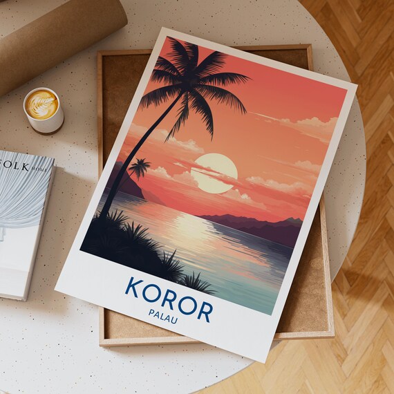 Koror Palau Tropical Sunset Wall Art Print Featuring Palm Trees Serene Ocean View And Fiery Sky Reflections For Island Home Decor