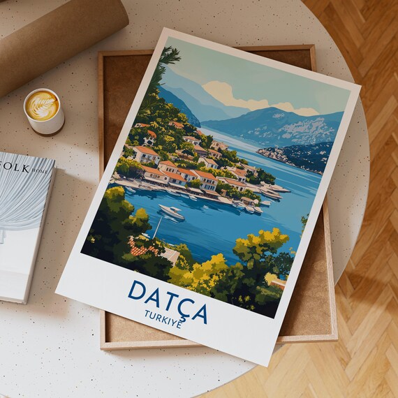 Datça Turkiye Lakeside Village Bay Boats White Border Travel Poster