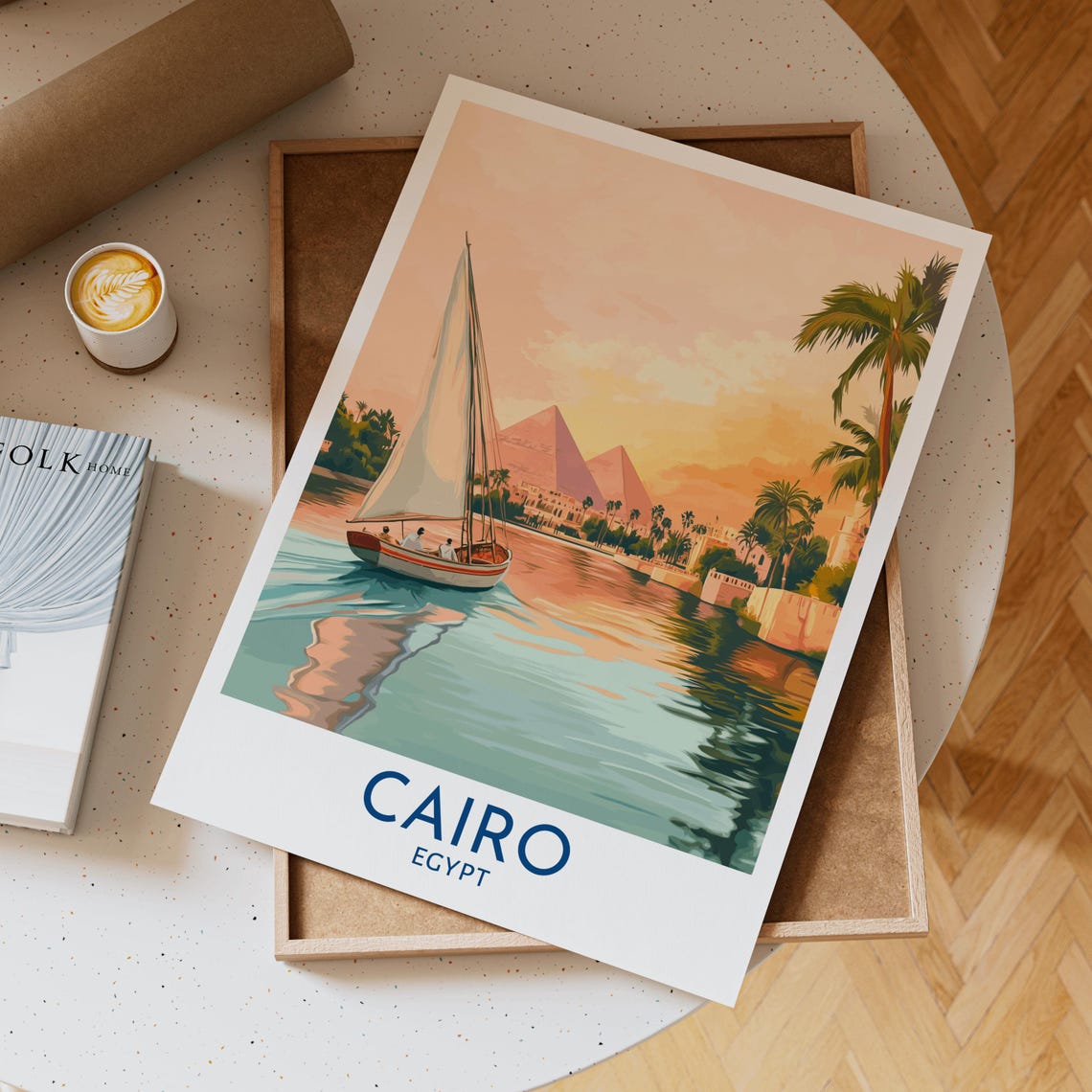 Cairo Egypt Felucca Nile Sunset Pyramids Vintage Travel Poster