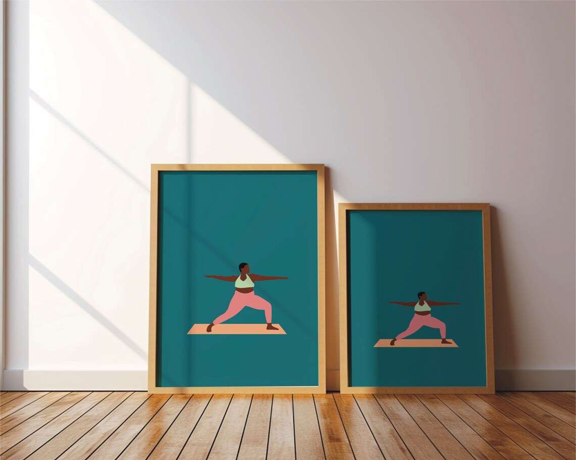 Yoga Warrior Pose Woman Teal Illustration Fitness Art Poster - Image 3