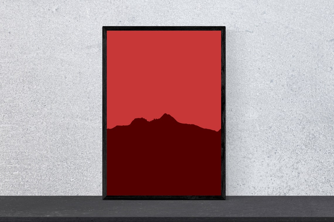 Dark Red Mountain Silhouette Sunset Minimal Modern Art Poster