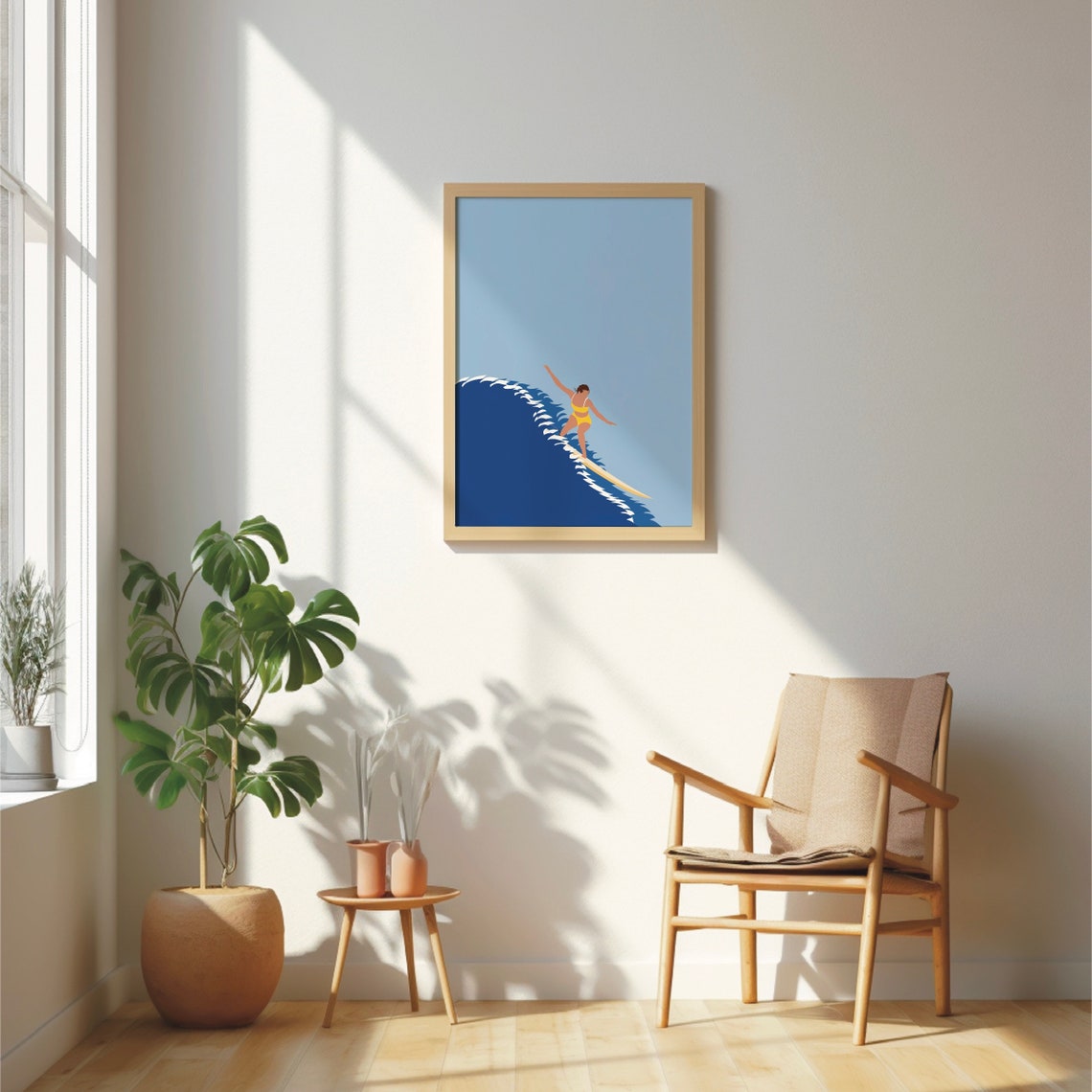 Woman Surfer Riding a Big Blue Wave Retro Coastal Beach Art Poster - Image 2