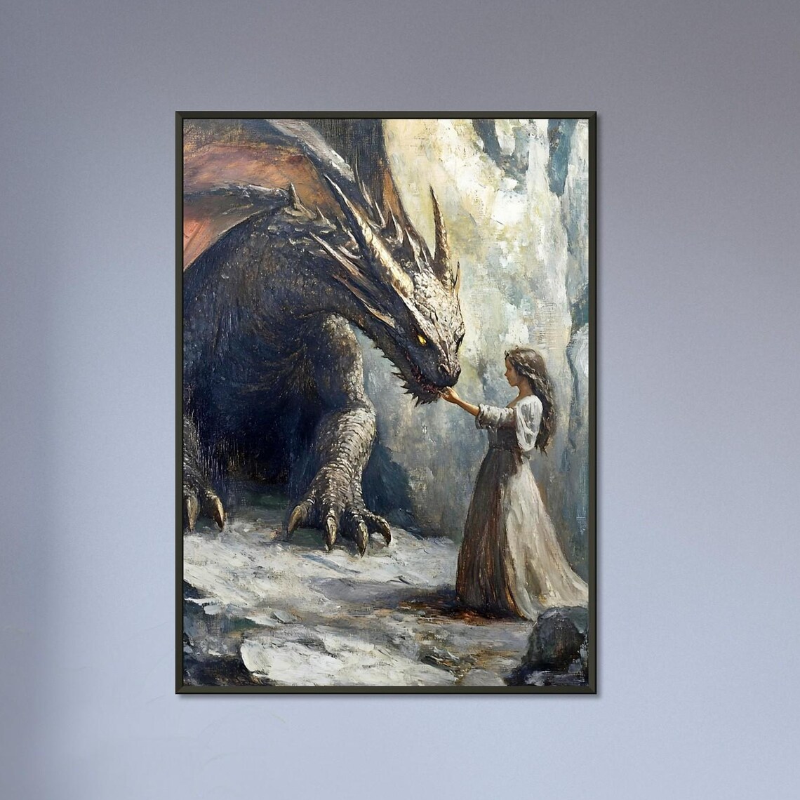 Young Maiden Touching a Gentle Dragon Fantasy Oil Art Poster