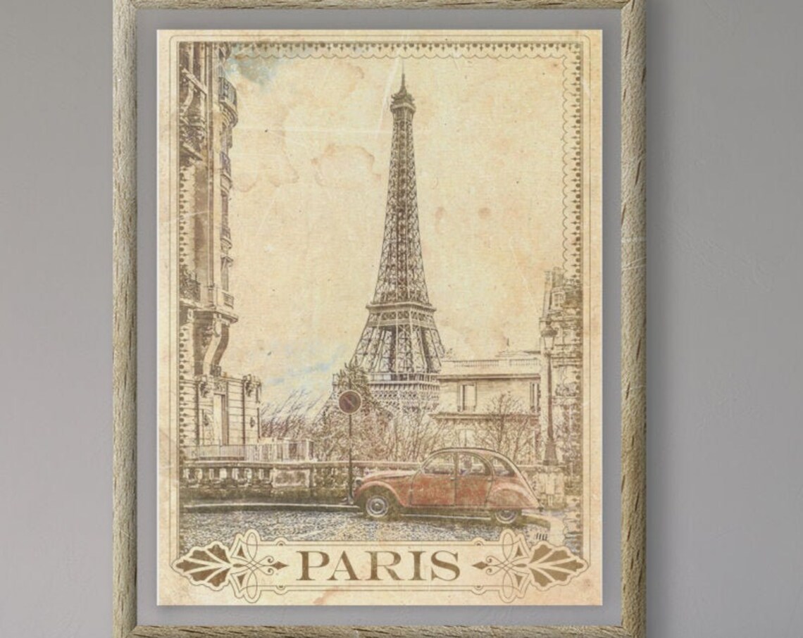 Paris Eiffel Tower Vintage Classic Car Street French Travel Poster