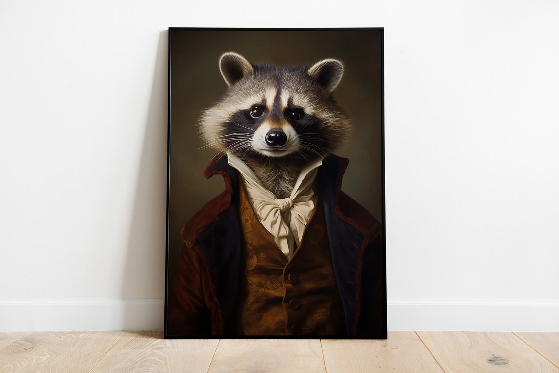 Vintage Raccoon Gentleman Portrait Victorian Attire Animal Art Poster