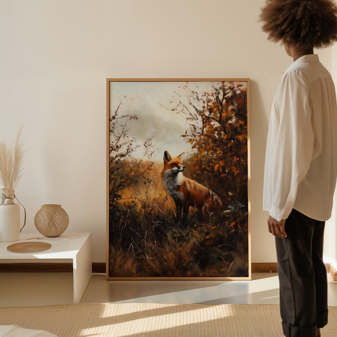 Red Fox Standing Alert in Golden Autumn Meadow Oil Painting Poster - Image 4