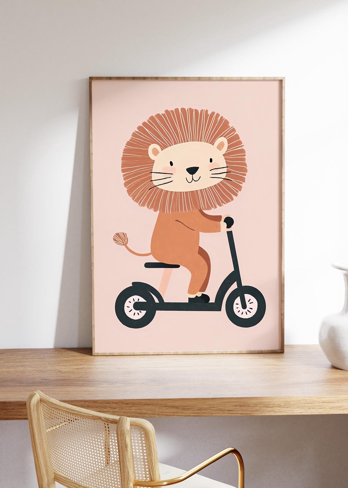 Adorable Cute Lion Riding a Scooter Blush Pink Nursery Poster - Image 3